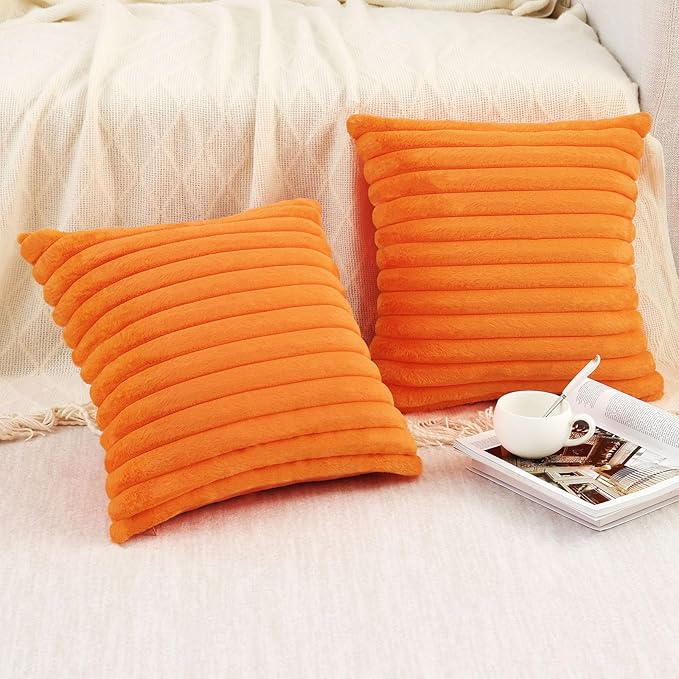 Pallene Faux Fur Plush Fall Throw Pillow Covers 22x22 Set of 2, Luxury Soft Fluffy Striped Decorative Pillow Covers for Sofa, Couch, Living Room, Burnt Orange