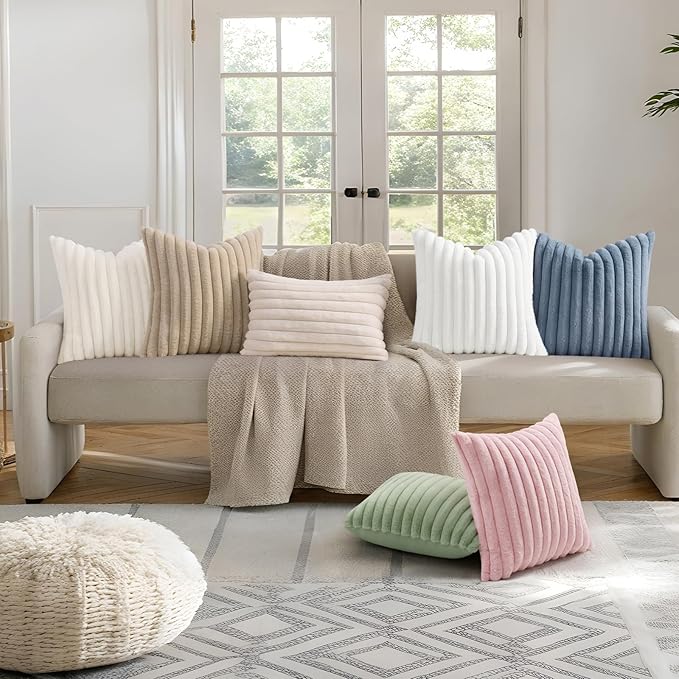 decorUhome Faux Fur Spring Throw Pillow Covers 20x20 Set of 2, Decorative Soft Plush Striped Neutral Couch Pillow Covers with Velvet Back for Sofa, Bed, Living Room Home, Pink