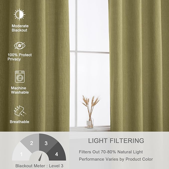 Jacquard Linen Curtains 63 inch Length 2 Panels Thick Faux Linen Blended Window Drapes Burlap Textured Curtains with Grommet for Living Room Bedroom Farmhouse (42x63 Olive Green) Natural