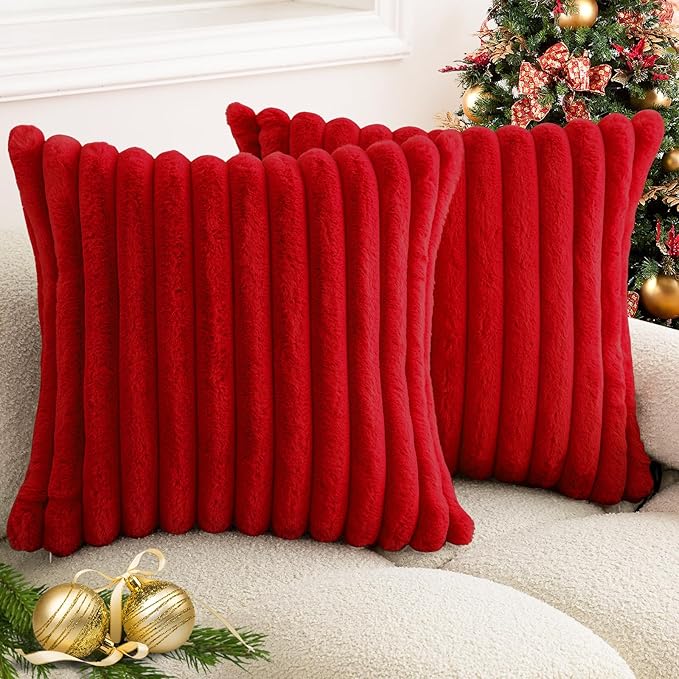 Christmas Red Faux Fur Plush Throw Pillow Covers 24x24 Set of 2 Fuzzy Striped Soft Cozy Pillowcase Luxury Decorative Pillows Square Fluffy Cushion Covers for Couch Bed Living Room