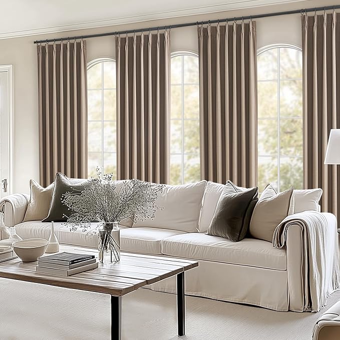 Topfinel 105 Inches Long Custom Black Out Faux Thick Linen Drapery Panels, Taupe Chocolate Brown Pinch Pleated Heat Reflective Neurtral Curtains with Pin Hooks, Luxury Lined Back Tab Drapes Set of 2