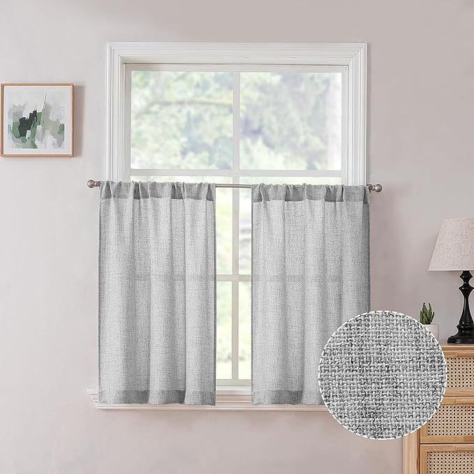Tollpiz Linen Tier Curtain Rod Pocket Semi Sheer Half Kitchen Curtains Burlap Light Filtering Thick Linen Drape for Bathroom, 30 x 36 inches Long, Silver Grey, Set of 2 Panels