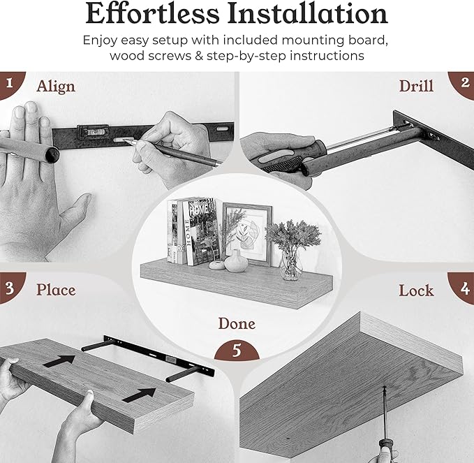 Floating Shelves for Wall, 9.3" Deep Wall Mounted Wood Shelves for Bathroom, Bedroom, Living Room, Kitchen, Hanging Shelf for Books/Storage/Room Decor (Brown, 24")