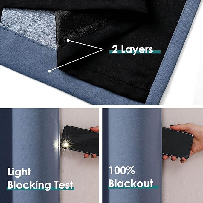 ChrisDowa 100% Blackout Curtains 72 inch Long for Bedroom with Black Liner, 2 Thick Layers Total Blackout Thermal Insulated Grommet Window Curtains 2 Panels Set (Stone Blue, 42 x 72 Inch)