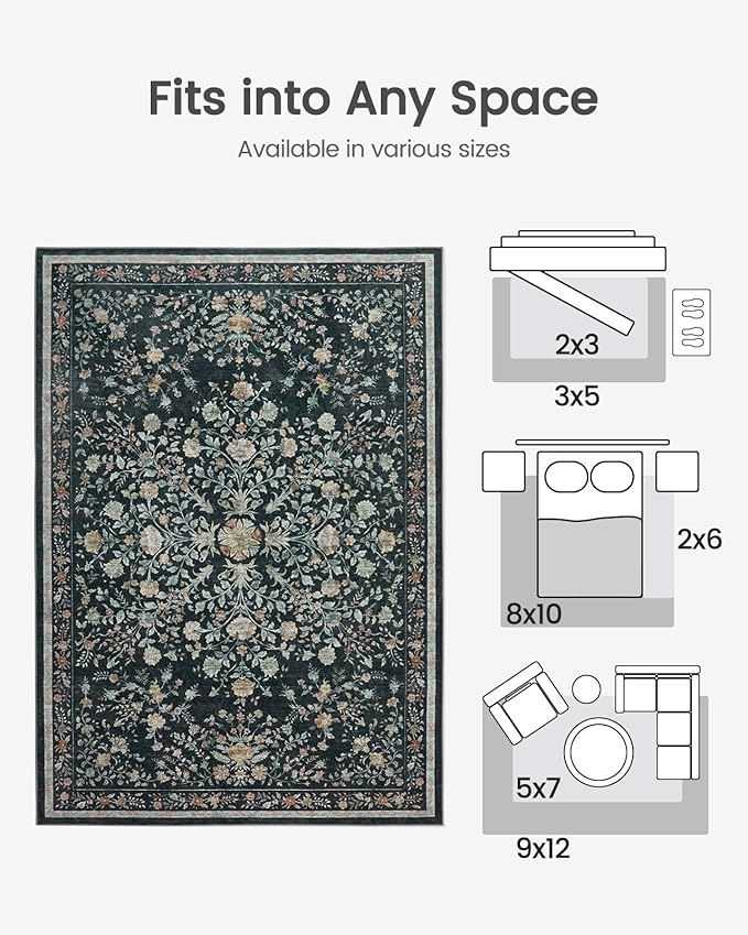 Area Rugs 8x10, Washable Floral Rug Non Slip Large Living Room Rug Vintage Distressed Soft Carpet for Bedroom, Dinning Room, Home Office