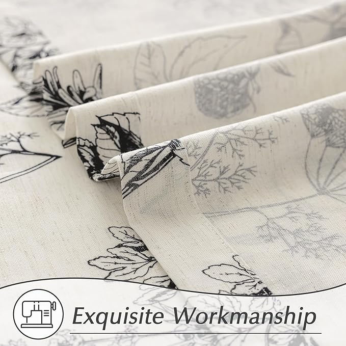 FMFUNCTEX Linen Curtains Floral Patterned Curtain for Bedroom Living Room, Black Curtains 63 Inch Length Farmhouse, Light Filtering Beige Window Curtain Grommet Top 2 Panels Set