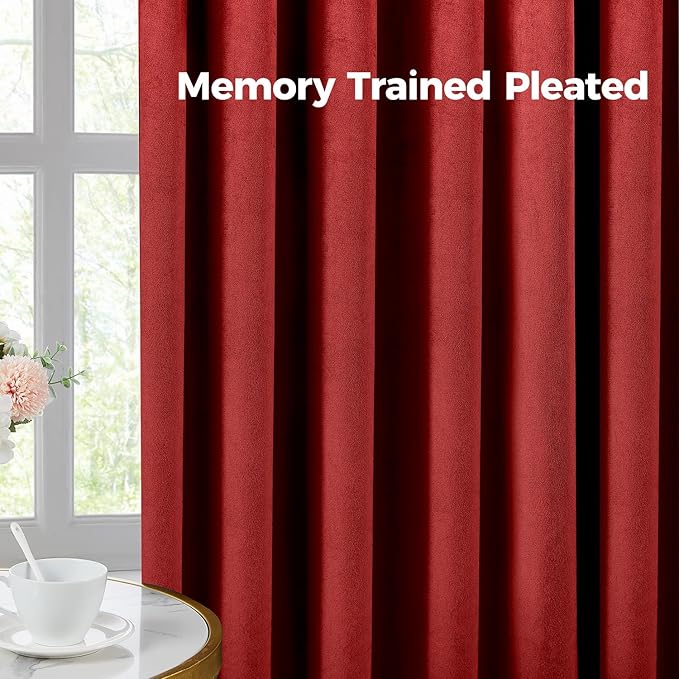 Pinch Pleated 100% Blackout Curtains for Bedroom, Red Velvet Curtains for Living Room, Black Out Curtain 86 inch Long Room Darkening, Blackout Pinch Pleat Drapes with Hooks 2 Panels