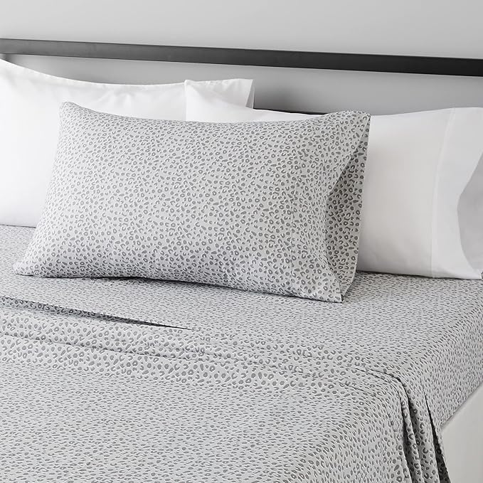 Amazon Basics Lightweight Super Soft Easy Care Wrinkle Free Microfiber 3 Piece Bed Sheet Set with 14-Inch Deep Pockets, Twin, Gray Cheetah, Printed, Kids, Men & Women Bedding