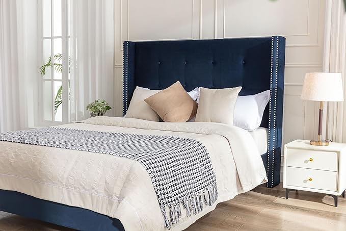 King Size Upholstered Bed Frame, 54" Tall Headboard Platform Bedframes with Nail Head Decorative Wingback, Hand Buttoned Tufting Headboard Beds/No Box Spring Needed/Minimalism, Blue Velvet