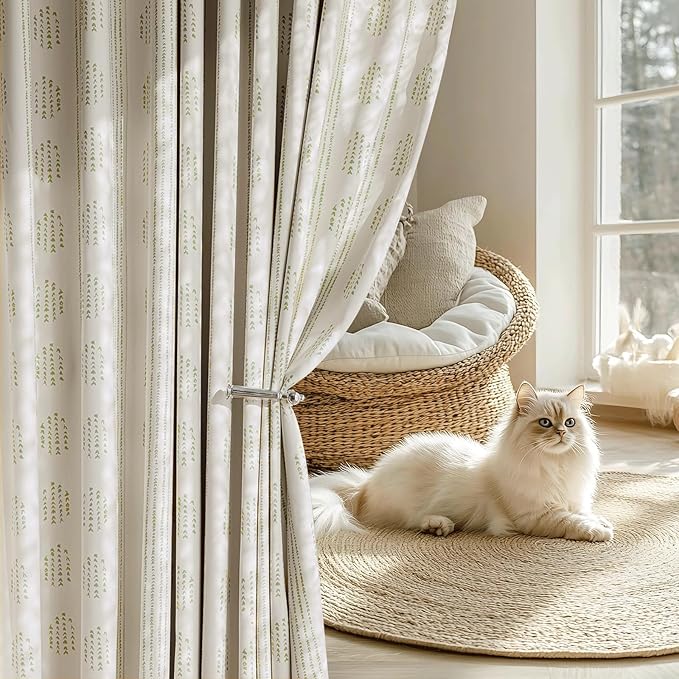 100% Boho Blackout Curtains 84 Inches Long for Bedroom, Green on Beige Patterned Bohemian Curtains for Living Room, Geometric Striped Thermal Insulated Window Drapes Gromment Top 2 Panels