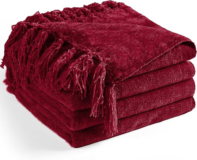Chenille Throw Blanket for Couch 60"X 80" Twin, Soft Cozy Throws with Fringe Tassel for Bed Sofa Chair Cover, Lightweight Knitted Decorative Boho Blankets for Living Room, Red
