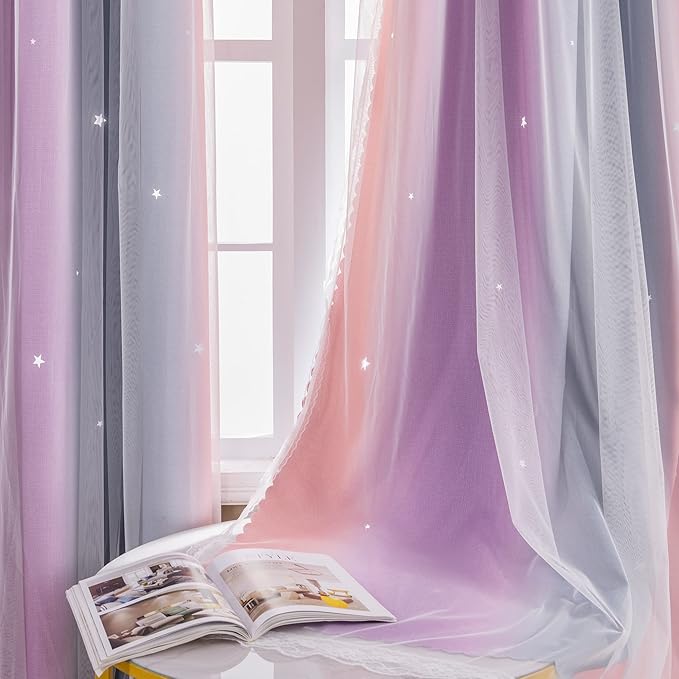 XiDi Curtains for Bedroom Decor, Rainbow GreyPinkPu-52-90
