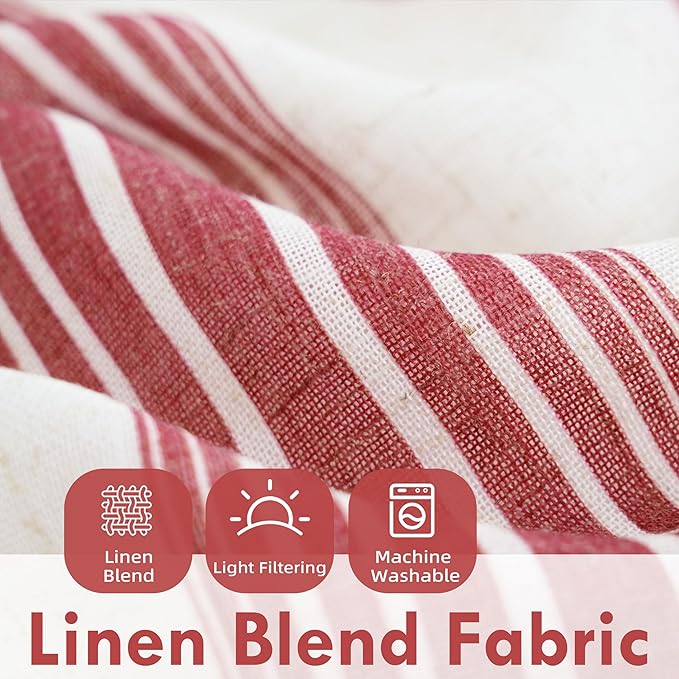 DriftAway Farmhouse Vertical Striped Linen Blend Textured Light Filtering Semi Sheer Curtains for Living Room Bedroom 63 Inches Long Drapes 2 Panels Broad Striped Linen Red