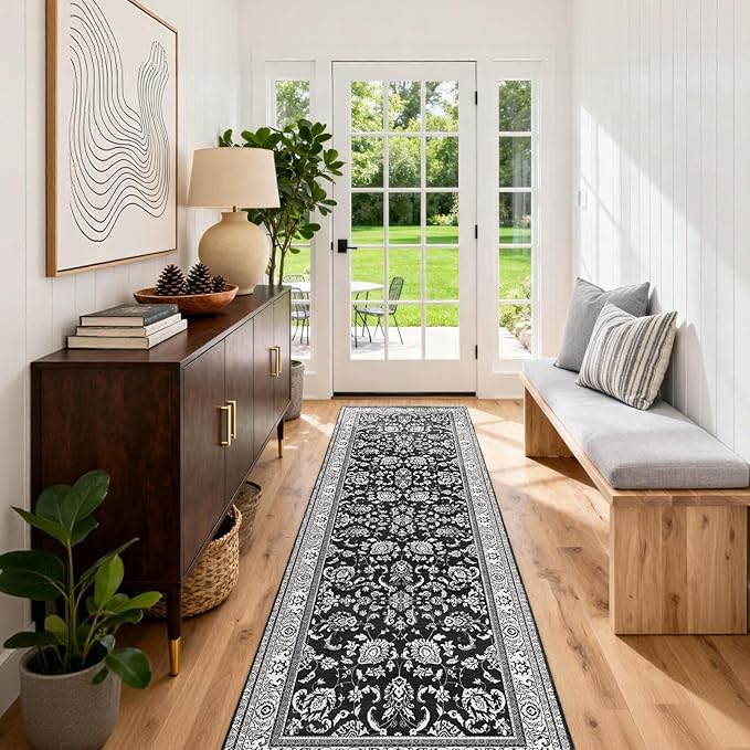 3x12 Machine Washable Floral Rugs: Long Runner Rugs for Hallways Non Slip Waterproof Carpet Runner Soft Vintage Low Pile Floral Rug for Kitchen Bedroom Bathroom Dining Living Room Black White