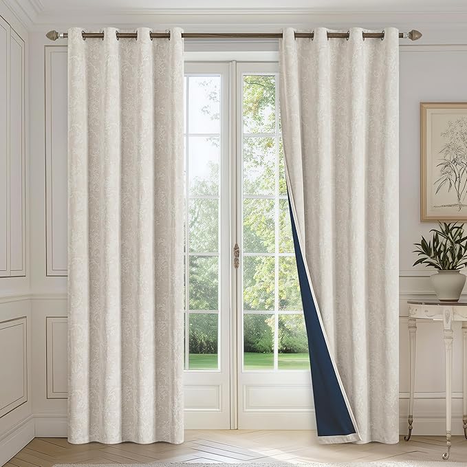 FMFUNCTEX Beige Floral Jacquard Blackout Curtains 90 Inches Long for Bedroom, Scroll Flower Chenille Farmhouse Curtains for Living Room Darkening Thermal Insulated Grommet Window Drapes 2 Panels