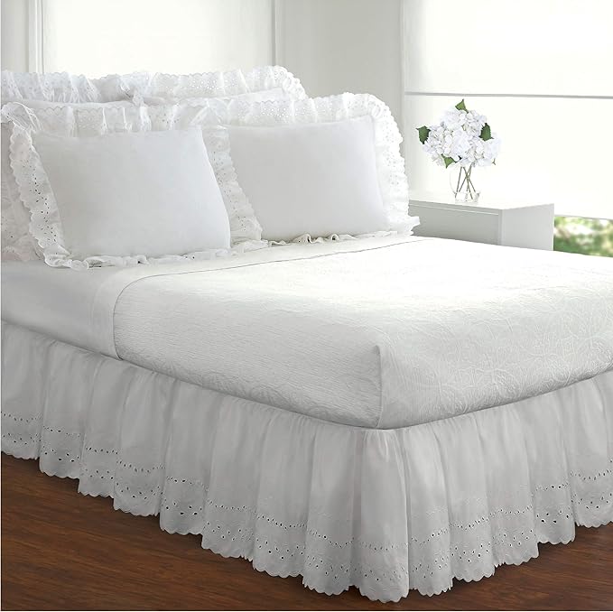 Fresh Ideas Eyelet Bed Skirt, Ruffled Design, 18 Inch Drop, Embroidered Scalloped Edge, California King, White