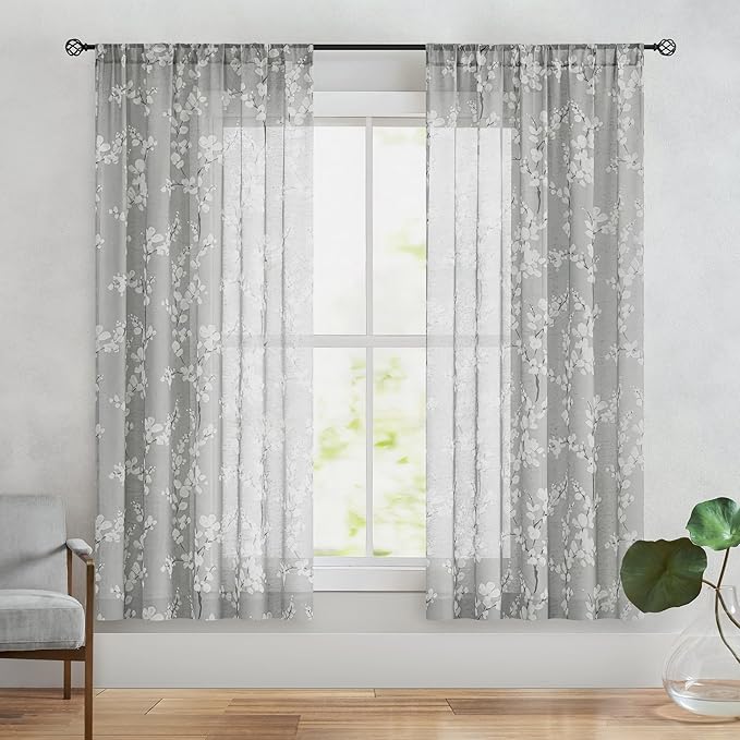 FMFUNCTEX Linen Sheer Curtains for Bedroom, Grey White Blossom Print Curtains 63 Inch Length for Living Room, Floral Patterned Farmhouse Curtain Light Filtering Window Drapes 2 Panels, Rod Pocket