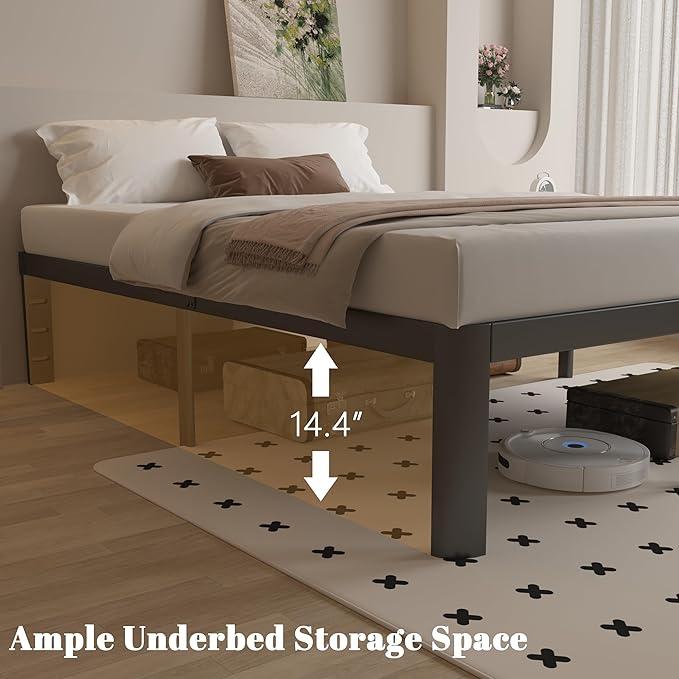 16 Inch Twin Bed Frames with Metal Baffles, Black Twin Metal Bed Frame No Box Spring Needed, Heavy Duty Steel Supprt to 3500LBS, Rounded Corner Design, Noiseless, Easy Assembly