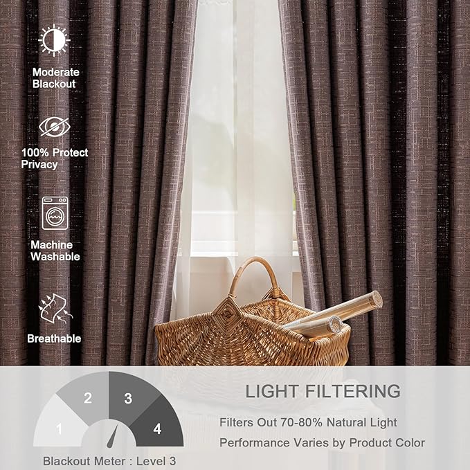 Jacquard Linen Curtains 108 inch Length 2 Panels Thick Faux Linen Blended Window Drapes Burlap Textured Curtains with Grommet for Living Room Bedroom Farmhouse (52x108 Fashion Purple) Natural