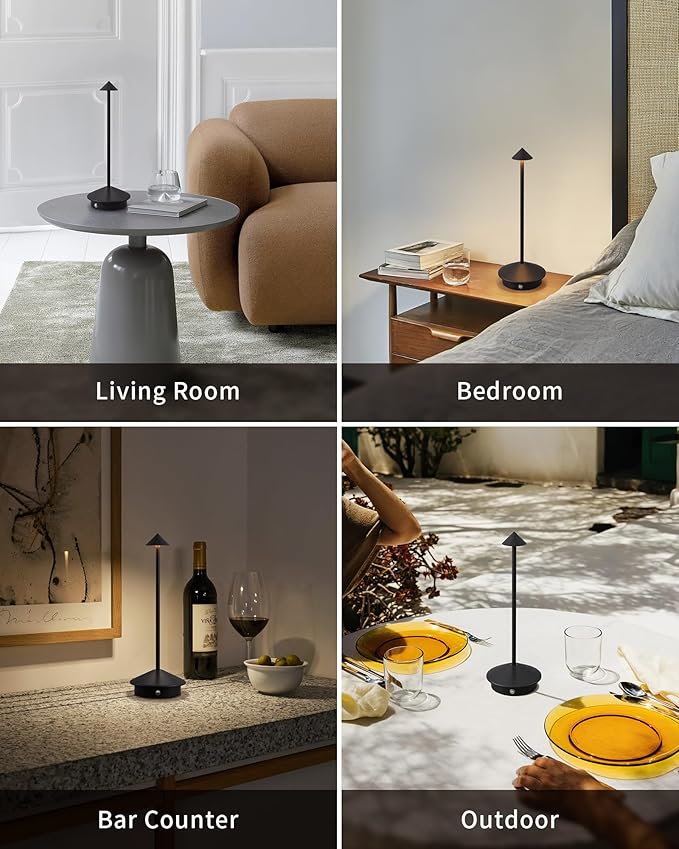 Modern Cordless Table Lamp Set of 2, Portable LED Desk Lamps, 5000mAh Rechargeable Battery Operated Lighting for Bedroom Dining Room Restaurant Coffee Shop Camping Night Light (Black)