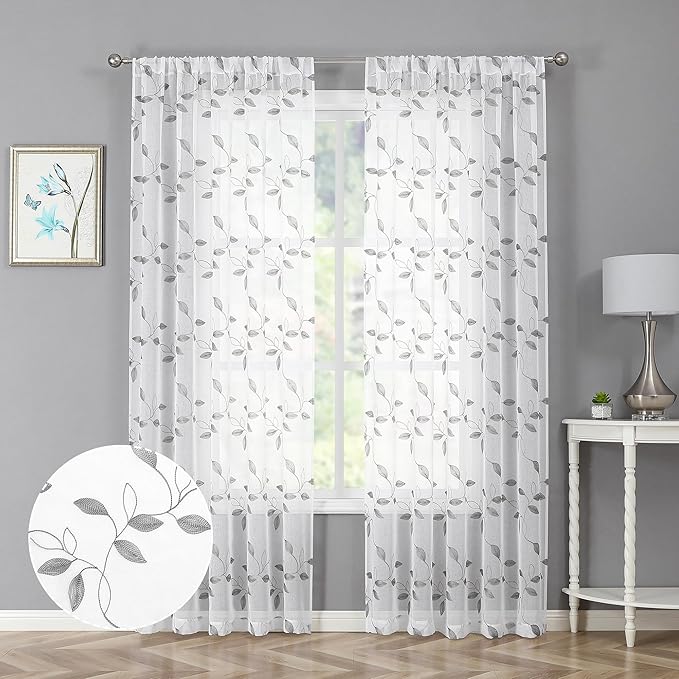 Tollpiz Grey Leaf Sheer Curtain Leaves Embroidered Bedroom Curtains Rod Pocket Voile Window Treatment for Living Room, 54 x 95 inches Long, Set of 2 Panels