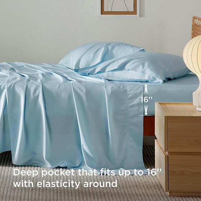 Bedsure King Size Sheets Set, Cooling Sheets for Hot Sleepers, Rayon Derived from Bamboo, Breathable & Soft, Deep Pocket Up to 16 Inches, Hotel Luxury Silky Bedding, Aqua
