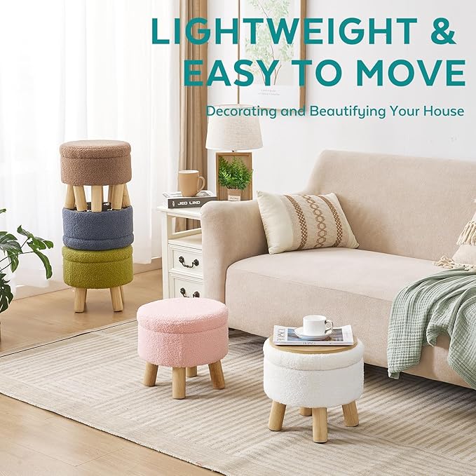 FIMIVIBI Small Ottoman with Storage, Small Storage Ottoman Round, Sherpa Foot Stool with Legs, Ottomans and Footstools for Living Room and Entryway (White)
