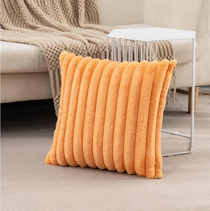 ZLINA Set of 2 Orange Faux Fur Decorative Throw Pillow Covers Fluffy Striped Pillowcase Cushion Covers 16 x 16 Inch Decor Sofa Couch Bedroom