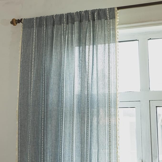 Sutuo Home Boho Curtains for Living Room 90 Inches Long, Semi-Blackout French Country Striped Linen Vintage Shabby Chic Tassels Hollow Window Treatment Bohemian Drape, 1 Panel 52" W x 90" L Blue