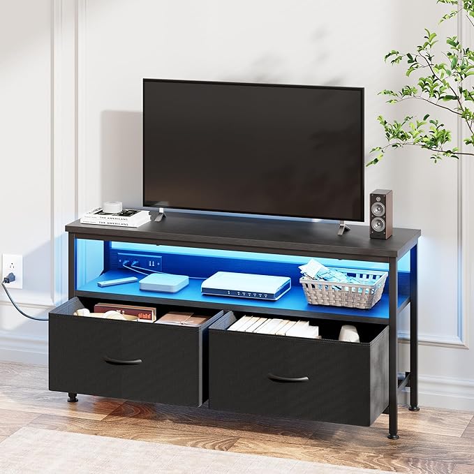 39" Dresser TV Stand for TVs up to 50", Media Console with LED Lights, Charging Station & 2 Drawer Storage Chest, Gaming Entertainment Center with Storage for Bedroom (Black, 39 in)
