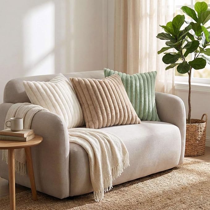 Pallene Faux Fur Plush Lumbar Throw Pillow Covers 12x20 Set of 2, Luxury Soft Fluffy Striped Decorative Pillow Covers for Sofa, Couch, Living Room, Sage Green