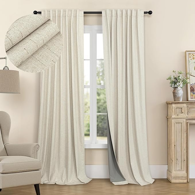 100 Inch Length Custom Summer Curtains for Living Room Windows Viral Back Tab Linen Blackout Curtain Solid Drapes for Patio Sliding Glass Doors Doorway French Country Decor 100 in Long 2 Panel Beige