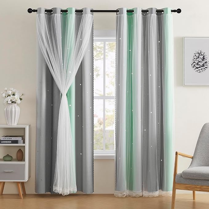 XiDi Bedroom Decor Blackout Curtains for Girl & Kids Room - Rainbow, Unicorn Wall Decals - Green, Light Grey - 52x63 Inch Long, 1 Panel