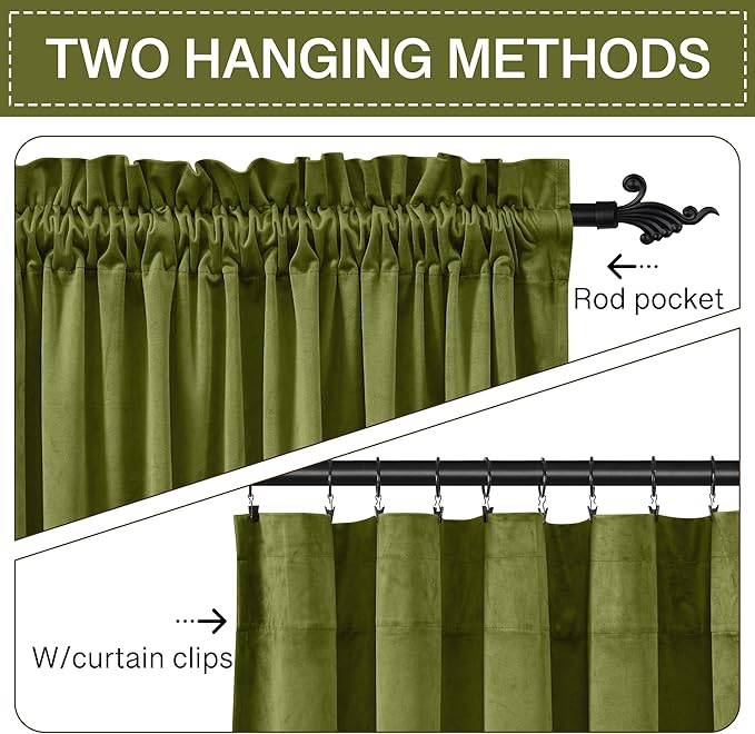 StangH Elegant Olive Green Velvet Curtains Christmas Decor Thermal Insulated Room Darkening Drapes for Home & Office, Heavy Soft Curtains, W52 x L100, 2 Panels