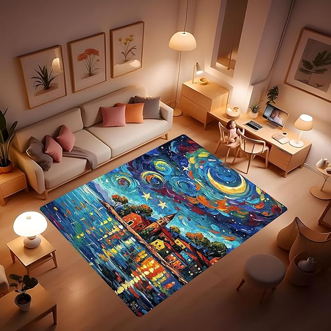 Machine Washable 5' x 7' Seaside Villages and Churches Area Rug, Bule Floor mat, Suitable for bedrooms, Girls' Room Bedside, Living Room, Dining Room, Office, Non-Slip Low-Pile Night Sky Carpet