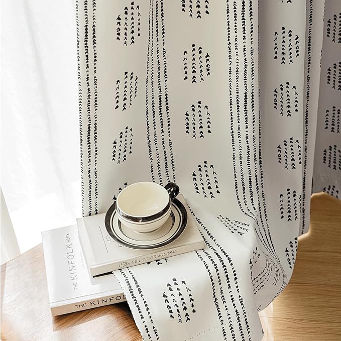100% Boho Blackout Curtains 63 Inches Long for Bedroom, Black on Beige Patterned Bohemian Curtains for Living Room, Geometric Striped Thermal Insulated Window Drapes Gromment Top 2 Panels