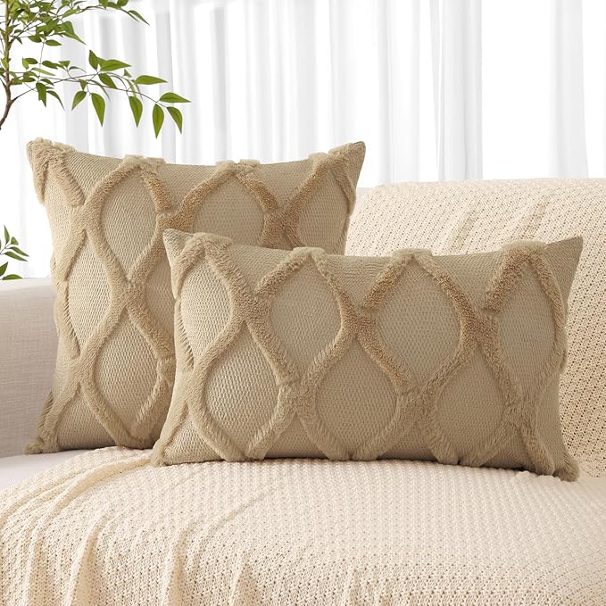 decorUhome Spring Throw Pillow Covers 18x18 Inch Set of 2, Soft Plush Faux Fur Wool Khaki Couch Pillow Covers, Decorative Neutral Pillow Cases for Bed Sofa Living Room Home Decor