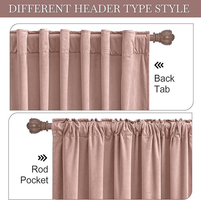 RYB HOME Rose Pink Velvet Curtains 102 inches, Back Tab Soft Fabric Room Darkening Thermal Insulated Luxurious Home Decor Curtains for Living Room Bedroom, W 52" x L 102", 2 Panels Set