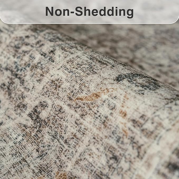 FMFUNCTEX 6x9 Washable Area Rug Vintage Neutral Distressed Large Taupe Non Slip Carpet for Living Room Bedroom Soft Low Pile Indoor Mat Retro Floral Throw Rug for Dining Room Kitchen Office Nursery