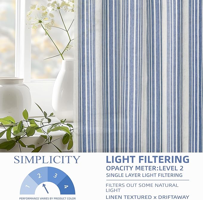 DriftAway Farmhouse Vertical Striped Linen Blend Textured Light Filtering Semi Sheer Curtains for Living Room Bedroom 102 Inches Long Drapes 2 Panels Broad Striped Jean Navy