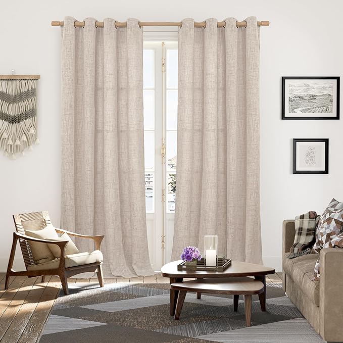 YoungsTex Extre Long Linen Curtains 102 Inch Long for Living Room Linen Textured with Bronze Grommet Burlap Drapes Light Filtering, Natural, 2 Panel, 52 X 102 Inch