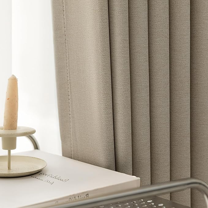 Blackout Curtains for Bedroom 90 inch Length 2 Panels Set, Farmhouse Linen-Look Textured Full Light Blocking Room Darkening Thermal Insulated Drapes for Living Room (W52xL90, Natural)