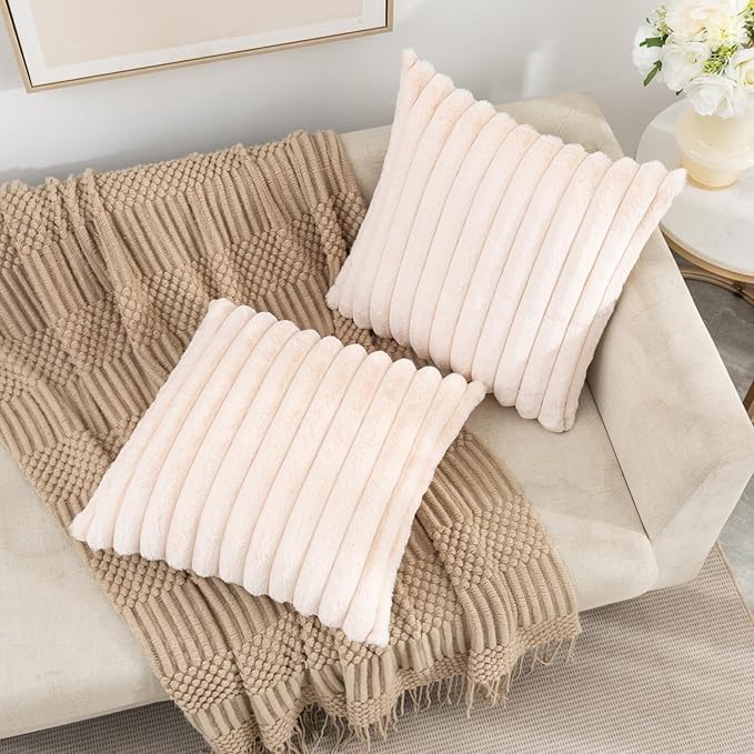 ZLINA Set of 2 Beige Faux Fur Decorative Throw Pillow Covers Fluffy Striped Pillowcase Cushion Covers 20 x 20 Inch Decor Sofa Couch Bedroom