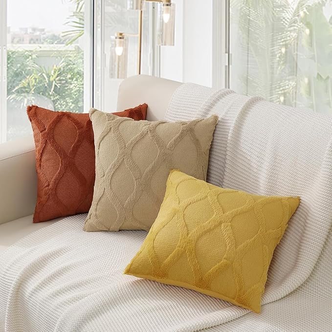 decorUhome Spring Throw Pillow Covers 18x18 Inch Set of 2, Soft Plush Faux Fur Wool Mustard Yellow Couch Pillow Covers, Decorative Neutral Pillow Cases for Bed Sofa Living Room Home Decor