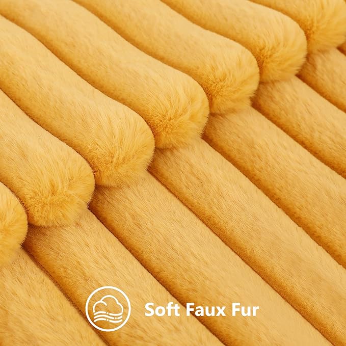 decorUhome Faux Fur Spring Throw Pillow Covers 22x22 Set of 2, Decorative Soft Plush Striped Neutral Couch Euro Sham Pillow Covers with Velvet Back for Sofa, Bed, Living Room Home, Mustard Yellow