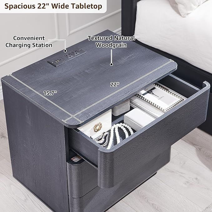 JXQTLINGMU 22" Modern Nightstand Set of 2 with Charging Station, Large Push-to-Open End Table, Wood Bedside Table, Curved Profile, Handleless 3 Drawer Night Stand for Bedroom, Living Room, Black