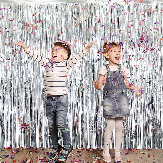 GOER 3.2 ft x 8.2 ft Metallic Tinsel Foil Fringe Curtains Party Photo Backdrop Party Streamers for Birthday,Graduation,New Year Eve Decorations Wedding Decor (1 Pack, Shiny Silver)