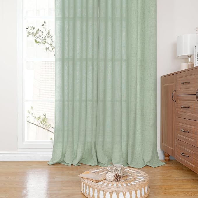 YoungsTex Sage Linen Curtains for Window 63 Inch Length with Bronze Grommet, Privacy Light Filtering Textured Drapes for Bedroom Living Room Office Country Rustic Decorative, 60 x 63 Inch, 2 Panels