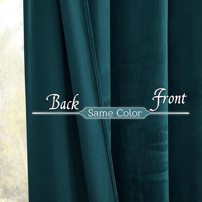RYB HOME Teal Velvet Curtains 100 inches, Back Tab Soft Fabric Room Darkening Thermal Insulated Luxurious Home Decor Curtains for Living Room Bedroom, W 52" x L 100", 2 Panels Set