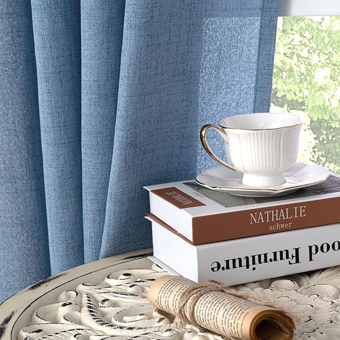 YoungsTex Blue Linen Curtains 63 Inch Length 2 Panels Set- Light Filtering Drapes with Bronze Grommet Privacy Ocean Decorative for Bathroom Living Room Window, 52 x 63 Inch